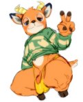 anthro blush clothing fur genitals gesture hand_gesture hooves horn looking_at_viewer looking_down male orange_body orange_ears orange_fur orange_tail penis penis_base solo sweater tail thong topwear underwear v_sign yellow_clothing yellow_thong yellow_underwear tora_gy animal_crossing nintendo beau_(animal_crossing) antelope bovid mammal