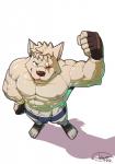 abs anthro biceps big_muscles blood blue_eyes bodily_fluids bottomwear brown_nose bulge clothed clothing flexing footwear fur gloves handwear looking_at_viewer male muscular muscular_anthro muscular_male nipples pecs pink_nipples scar shorts simple_background smile solo standing teeth topless vein white_background white_body white_fur husky_(artist) koreanhusky canid canine canis mammal wolf hi_res