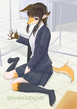 black_bottomwear black_clothing black_legwear black_nose black_skirt black_stockings blush bottomwear brown_hair claws clothing female floor hair human_to_anthro legwear mid_transformation pawpads ponytail school_uniform sitting skirt solo species_transformation stockings tile tile_floor transformation uniform kyabe2d0g145 canid canine fox human mammal 2022 absurd_res hi_res