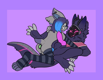 anal anal_penetration animal_genitalia animal_penis anthro anthro_on_anthro anthro_penetrated anthro_penetrating anthro_penetrating_anthro backsack balls black_body black_fur blue_highlights bottomless bottomless_anthro bottomless_male buttplug canine_genitalia canine_penis clothed clothing curved_horn duo ear_piercing ear_ring footwear from_front_position fur gem genitals grey_body grey_fur hair half-closed_eyes highlights_(coloring) horn industrial_piercing jewel_buttplug knot looking_pleasured lying machine male male/male male_penetrated male_penetrating male_penetrating_male missionary_position narrowed_eyes neck_tuft on_back penetration penile penile_penetration penis penis_in_ass perineum piercing plug_(sex_toy) protogen_visor purple_body purple_fur purple_hair ring_piercing sex sex_toy shirt smile smirk smug smug_face smug_grin socks tank_top toeless_footwear toeless_legwear toeless_socks toeless_stockings topwear tuft xing1 bat mammal protogen hi_res
