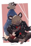 5_fingers anthro bass_guitar black_clothing blue_clothing brown_body brown_fur clothing duo eyewear fingers footwear fur glasses guitar jacket male musical_instrument one_eye_closed plucked_string_instrument shirt sitting socks string_instrument suit t-shirt topwear kinoshita-jiroh aggretsuko sanrio haida_(aggretsuko) jiro_haida_(aggretsuko) hyena mammal spotted_hyena 2023 hi_res brother_(lore) brothers_(lore) sibling_(lore)