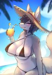 anthro beach beverage big_breasts bikini breasts clothing female fur hair hat headgear headwear kemono licking licking_lips outside seaside solo sun_hat swimwear tongue tongue_out two-piece_swimsuit conditional_dnp crunchobar sora_(skulkers) canid canine canis mammal wolf digital_media_(artwork) hi_res