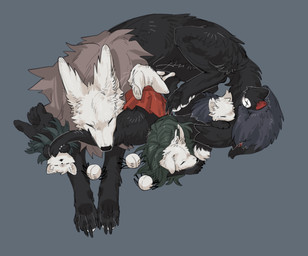 ambiguous_gender black_body black_fur black_nose clothing eyes_closed feral fur group inner_ear_fluff lying on_back on_front open_mouth paws quadruped red_clothing simple_background sleeping tail tuft white_body white_fur aaasakawa hollow_knight_(franchise) team_cherry broken_vessel_(hollow_knight) grimmchild_(hollow_knight) hollow_knight_(character) hornet_(hollow_knight) the_knight_(hollow_knight) arachnid arthropod canid canine felid feline mammal weaver_(hollow_knight) hi_res female_(lore) half_sister_(lore) sibling_(lore) sister_(lore)