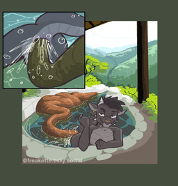 2_horns anthro bamboo black_body black_ears black_eyebrows black_hair black_scales black_tail blue_eyes border bubble closed_smile collarbone cutaway day ear_piercing ear_ring excessive_feces eyebrows facial_piercing facial_spikes feces flesh_fang grey_body grey_border grey_horn grey_inner_ear grey_scales hair horn hot_spring hyper hyper_feces jaw_spikes male male_anthro male_pooping mouth_closed multicolored_body multicolored_scales multiple_piercings nose_piercing nose_ring nude nude_anthro nude_male onsen outside partially_submerged piercing plant pooping pooping_into_water pooping_underwater pupils ring_piercing rock scales septum_piercing septum_ring short_hair sky smile snout solo spikes spikes_(anatomy) tail tapering_tail text tree two_tone_body two_tone_scales underwater ventral_scales water white_horn freakette messykobold kobold scalie 2026 hi_res url