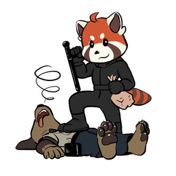 anthro baton black_bottomwear black_clothing black_topwear bottomwear brown_body brown_clothing brown_fur brown_shirt brown_topwear burglar burglary clothing coma crime criminal duo electronics fur looting male pawpads robber robbery robbing security security_guard security_uniform shirt simple_background stealing thief thief_outfit thug topwear walkie-talkie white_background tonyhsq piping_(pipingwilliam) ailurid canid canine canis dachshund domestic_dog hunting_dog mammal red_panda 1:1