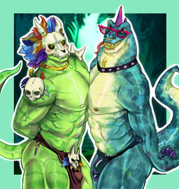 abs anthro blue_body bone bone_mask bottomwear breasts bulge clothing detailed_bulge duo facial_piercing forked_tongue green_body loincloth male male/male mask muscular muscular_anthro muscular_male neck_piercing nipple_piercing nipples non-mammal_nipples nose_piercing nose_ring pecs piercing ring_piercing scales skull skull_mask smile tail tongue tongue_piercing puffer_puff goat_(movie) mythology sony_corporation sony_pictures terraria modo_olachenko witch_doctor_(terraria) dragon komodo_dragon lihzahrd lizard mammal monitor_lizard mythological_creature mythological_scalie reptile scalie absurd_res digital_media_(artwork) hi_res
