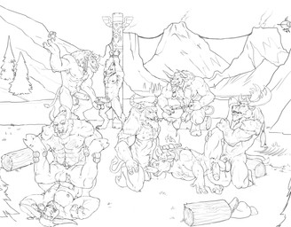 3_fingers abs aircraft airship anal anal_penetration anthro anthro_on_anthro anthro_penetrated anthro_penetrating anthro_penetrating_anthro antlers armpit_hair arms_above_head balls bdsm beard being_watched biceps bodily_fluids body_hair bondage bound braided_hair campfire claws cloven_hooves cum cum_drip digitigrade dominant dominant_male dripping erection facial_hair facial_piercing fellatio fingers flaccid foreskin from_front_position genital_fluids genitals group group_sex hair hands_tied hooves horn horn_jewelry horn_ring humanoid_genitalia humanoid_penis interspecies jewelry kneeling landscape leg_glider_position leg_grab legs_up log looking_at_another lying male male/male male_penetrating mountain muscular muscular_male nipples nose_piercing nose_ring nude on_side oral oral_penetration orgy outside pecs penetration penile penile_penetration penis perineum piercing piledriver_position pipe plant raised_leg restraints ring_(jewelry) ring_piercing rope rope_bondage septum_piercing sex sitting smoking smoking_pipe spitroast standing submissive submissive_male sweat tail tail_tuft tattoo toe_claws totem tree tuft tusks unguligrade vehicle wood badcoyote blizzard_entertainment warcraft bovid bovine canid mammal tauren werecanid werecreature worgen 2015 black_and_white digital_media_(artwork) line_art monochrome