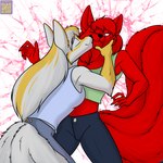 anthro black_nose blue_eyes breasts cleavage clothed clothing duo eyes_closed female female/female fur gloves_(marking) hair markings multi_tail red_body red_fur red_hair shirt tail tank_top topwear white_body white_fur foxenawolf lily_(datban) tara_(datban) canid canine dreamspinner fox mammal 1:1