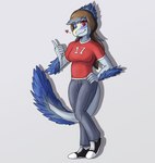 anthro arm_feathers blue_body blue_feathers blue_highlights blue_scales bottomwear breasts brown_hair clothing feathered_crest feathers female footwear freckles gesture hair hand_gesture hand_on_hip head_crest highlights_(coloring) jersey long_hair long_tail looking_at_viewer one_eye_closed pants ponytail pose pupils red_eyes scales shirt shoes simple_background slit_pupils smile smiling_at_viewer sneakers snout solo standing tail tail_feathers thumbs_up tomboy topwear napkinbot cavemanon_studios i_wani_hug_that_gator jenine_(iwhtg) dinosaur dromaeosaurid feathered_dinosaur feathered_scalie prehistoric_species reptile scalie theropod velociraptor hi_res