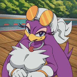 5_fingers anthro big_breasts biped blue_eyes bouncing_breasts breasts clothed clothing feathers female fingers flashing flashing_breasts gloves handwear looking_at_viewer navel non-mammal_breasts non-mammal_navel purple_body purple_feathers solo underwear twistedgrim sega sonic_riders sonic_the_hedgehog_(series) wave_the_swallow avian bird hirundinid oscine passerine swallow_(bird) 1:1 2026 2d_animation animated frame_by_frame