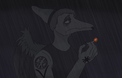 amber_eyes anthro arm_tattoo black_lipstick cigarette claws eyelashes feathered_wings feathers female fingers grey_body grey_hair grey_scales hair hand_tattoo lipstick makeup outside raining scales short_hair simple_background smoking smoking_cigarette snout solo tattoo wings stardust_strix cavemanon_studios goodbye_volcano_high ko_op_(game_developer) snoot_game fang_(gvh) prehistoric_species pterosaur reptile scalie 2023 digital_drawing_(artwork) digital_media_(artwork) hi_res