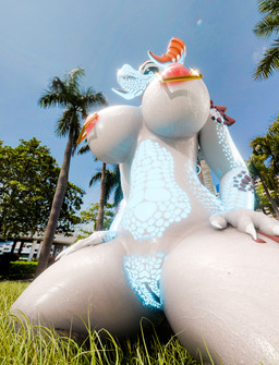 anthro big_breasts big_butt bodily_fluids breasts butt crouching crouching_over_viewer female genital_fluids glowing glowing_body grass leaning looking_at_viewer looking_back looking_pleasured nipple_piercing nipples outside palm_tree piercing plant public public_exposure public_nudity public_sex scales sex smile smiling_at_viewer smirk smirking_at_viewer solo sweat sweatdrop thick_thighs tree vaginal_fluids water wet wet_body tyrokirex fallout microsoft viktoria deathclaw dinosaur lizard prehistoric_species reptile scalie hi_res