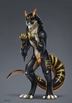 black_body clothing digitigrade dripping forked_tongue goopy green_eyes latex looking_at_viewer markings snout solo striped_body striped_markings stripes suit tail tapering_tail tongue tongue_out yellow_markings rhaenjarr kronas sergal full-length_portrait portrait shaded soft_shading