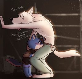 age_difference anthro belt black_eyes black_nose blue_body blue_ears blue_fur blue_hair blue_tail blush bottomwear brown_clothing brown_shirt brown_topwear brown_vest clothed clothed_anthro clothed_male clothing curved duo eyebrows eyes_closed fellatio fluffy fluffy_tail fully_clothed fully_clothed_anthro fully_clothed_male fur green_bottomwear green_clothing green_pants hair hand_behind_head hand_on_belly hand_on_leg hunched_over inside janitor looking_pleasured male male/male male_anthro motion_lines multicolored_body multicolored_fur older_male oral pants partially_clothed penile penis_in_mouth praise purple_clothing purple_underwear sex shirt shorts side_view size_difference standing storage_room tail text thick_eyebrows topless topless_anthro topless_male topwear two_tone_body two_tone_fur two_tone_tail underwear vest white_body white_ears white_fur white_hair white_tail young young_anthro young_male younger_male sand_attack canid canine canis domestic_dog mammal digital_media_(artwork) english_text