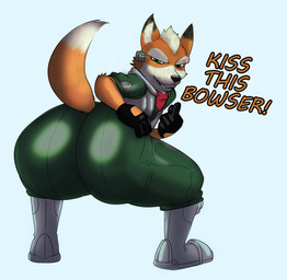 anthro big_butt bubble_butt butt clothing dipstick_tail gesture gloves green_eyes hand_gesture handwear kiss_my_ass male markings middle_finger smug solo tail tail_markings taunting text wide_hips binkykun nintendo star_fox fox_mccloud canid canine fox mammal absurd_res english_text hi_res