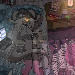 alternate_form anthro armpit_hair beanie bed bedroom_eyes body_hair bracelet breasts clothing collar computer condom crossgender curved_horn curvy_figure ears_down electronics fangs female furniture genitals grey_body grey_scales hair hair_over_eye half-closed_eyes hat headgear headwear horn hourglass_figure inviting jewelry laptop legwear long_hair lying lying_on_bed markings narrowed_eyes nipples non-mammal_breasts non-mammal_nipples nude on_back on_bed one_eye_obstructed pivoted_ears plushie scales seductive sexual_barrier_device sharp_teeth smile smirk smug smug_face smug_grin solo spiked_bracelet spiked_collar spikes spots spotted_body spotted_scales stockings teeth yellow_sclera mrt0ony aurus_(endertwinks) enko_(mrt0ony) jack_(endertwinks) kobold scalie 1:1 hi_res