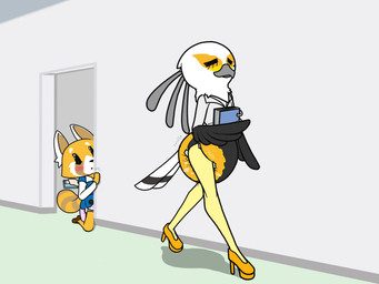 anthro bottomwear clean_diaper clothed clothing collared_shirt diaper diaper_under_clothing dress_shirt exposed_diaper female footwear group high_heels looking_at_another mostly_offscreen_character pantsless peeping platform_footwear platform_heels shirt shoes skirt sound_effects suit topwear trio rah345 aggretsuko sanrio fenneko retsuko secretary_washimi accipitriform ailurid avian bird canid canine fennec_fox fox mammal red_panda secretary_bird true_fox hi_res