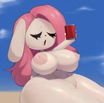 anthro areola big_breasts biped bodily_fluids breasts butt eyebrows eyelashes eyes_closed female front_view genitals hair holding_object monotone_body navel nipples nude nude_female open_mouth outside pink_hair pussy raised_inner_eyebrows sitting sky solo sweat tan_body thick_thighs three-quarter_view wide_hips mu_(artist) layla_(mu) lagomorph leporid mammal rabbit 2022 digital_drawing_(artwork) digital_media_(artwork)