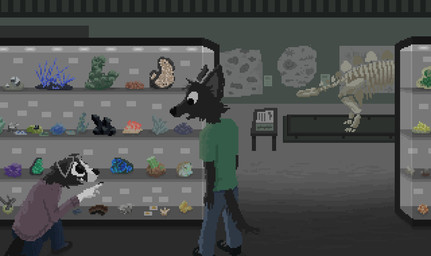 anthro black_body black_fur clothing detailed_background duo fossil fur gem green_clothing green_shirt green_t-shirt green_topwear inside male museum open_mouth open_smile shirt smile t-shirt topwear demensa canid canine canis dinosaur domestic_dog mammal prehistoric_species reptile scalie 2022 digital_media_(artwork) pixel_(artwork)