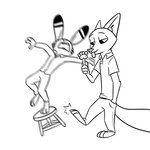 anthro barefoot bottomwear clothed clothing duo ear_markings facial_markings falling feet food fully_clothed furniture hand_in_pocket head_markings holding_food holding_object markings open_mouth pants pawpsicle pockets popsicle shirt simple_background stool tongue tongue_out topwear white_background theblueberrycarrots disney zootopia jack_savage nick_wilde canid canine fox lagomorph leporid mammal rabbit red_fox true_fox 1:1 black_and_white hi_res monochrome