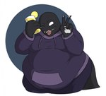 5_fingers anthro belly bent_arm beverage big_belly black_body black_skin black_tail bottomwear circle clawed_fingers claws clothing fangs fingers food fruit gesture hand_gesture holding_beverage holding_object lemon lemonade looking_at_viewer male moobs obese obese_anthro obese_male one_eye_closed overweight overweight_anthro overweight_male pants pawpads pink_tongue plant purple_bottomwear purple_clothing purple_pants purple_sweater purple_topwear simple_background solo standing sweater tail teeth thick_thighs tongue tongue_out topwear v_sign white_claws white_eyes white_pawpads wide_hips wink winking_at_viewer theannoyingnpc z3r0_(patientz3r0) monster 2021 colored digital_drawing_(artwork) digital_media_(artwork) shaded simple_shading