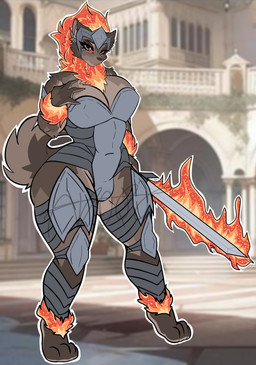 adoption anthro armor auction big_breasts big_butt breasts brown_body butt classical_architecture clothing detailed_clothing female fire fluffy fur fur_markings holding_melee_weapon holding_object holding_sword holding_weapon looking_at_viewer mane markings melee_weapon outside paws pose solo sword text thick_thighs weapon wide_hips james_andromeda hellaverse helluva_boss mythology canid canid_demon canine demon hellhound mammal mythological_canine mythological_creature absurd_res detailed english_text hi_res pinup
