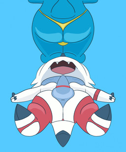 big_butt blue_body bulge butt claws clothing duo erection male open_mouth simple_background tail thong underwear white_body wrestler wrestling wrestling_gear gayoshie bandai_namco digimon digimon_ghost_game digimon_(species) dinosaur gammamon prehistoric_species reptile scalie veemon digital_media_(artwork) hi_res
