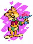 anthro black_nose bouquet fangs flower flower_bouquet fur half-closed_eyes heart_symbol narrowed_eyes open_mouth orange_body orange_fur plant simple_background smile solo teeth tuft juneduck21 gary_the_bobcat felid feline lynx mammal hi_res