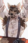 anthro armpit_hair blush body_hair clothing male muscular solo torn_clothing yellow_eyes overcyan echo_(series) echo_project the_smoke_room william_adler canid canine canis coyote mammal 2:3 hi_res