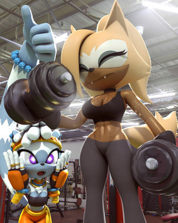 abs anthro big_breasts bodily_fluids breasts choker cleavage clothed clothing duo exercise eyes_closed fangs female female/female gesture gym hand_gesture jewelry midriff necklace prehensile_tail sweat sweaty_abs sweaty_breasts tail teeth thumbs_up weightlifting workout m0lag idw_publishing sega sonic_the_hedgehog_(comics) sonic_the_hedgehog_(idw) sonic_the_hedgehog_(series) tangle_the_lemur whisper_the_wolf canid canine canis lemur mammal primate strepsirrhine wolf 2025 3d_(artwork) 4:5 digital_media_(artwork) hi_res