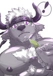 accessory anthro body_hair chest_hair duo exclamation_point headband holding_leaf horn leaf male muscular muscular_anthro muscular_male nipples pecs purple_eyes sakuhuu lifewonders tokyo_afterschool_summoners shennong_(tas) bovid bovine cattle mammal hi_res