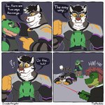 4_panel_comic anthro clothing confusion dialogue group humor inside laser_pointer laugh male meow muscular open_mouth open_smile smile trio thepandobo invader_(invaderthegator) alligator alligatorid crocodile crocodilian felid lizard mammal pantherine reptile scalie tiger comic hi_res