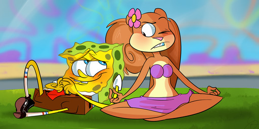 accessory anthro blush bottomwear clothed clothing crossed_legs crosslegged_pose disturbed duo female flower male meditation necktie outside pants plant shirt sitting skirt smile tail topwear elixirmy nickelodeon spongebob_squarepants sandy_cheeks spongebob_squarepants_(character) eastern_grey_squirrel grey_squirrel mammal rodent sciurid tree_squirrel hi_res