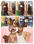 anthro anthro_on_anthro antlers beard body_hair bottomwear canid canine canis chest_hair clenched_teeth clothing comic deer dialogue door english_text eyes_closed eyewear facial_hair fur glasses group hi_res hoodie horn leo_(nardodraws) male male/male mammal moose nardodraws new_world_deer open_mouth open_smile outside panicking pants plant rodney_(nardodraws) shirt shrub smile speech_bubble standing tank_top teeth text thought_bubble tom_(nardodraws) topwear trio wolf