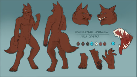 animal_genitalia anthro balls blue_eyes claws fully_sheathed fur genitals male pawpads paws rear_view red_body red_fur sheath solo tail toe_claws furrymammy foximellian_montanna canid canine fox mammal absurd_res hi_res model_sheet