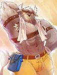 abs armpit_hair blush body_hair bulge clothed clothing facial_piercing flexing hands_behind_head horn male muscular muscular_male navel nipples nose_piercing nose_ring pecs piercing ring_piercing solo topless towel ahruon lifewonders tokyo_afterschool_summoners asterius_(tas) bovid bovine cattle mammal