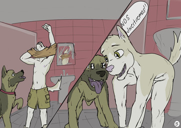 anthro bathroom brown_body brown_eyes clothed clothing dialogue duo feral male male/male nipples nude text topless undressing young young_anthro young_male wolfyalex96 axel_(wolfyalex96) canid canine canis domestic_dog german_shepherd herding_dog husky mammal nordic_sled_dog pastoral_dog spitz comic digital_media_(artwork) medibang_paint_(artwork) multiple_scenes translation_check translation_request