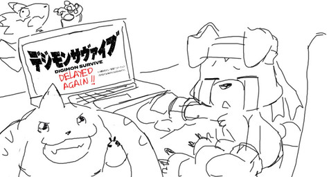 accessory anthro bodily_fluids computer crying electronics female grin group headband humor keyboard male sketchy smile tears dahecksajerry bandai_namco digimon digimon_survive canid digimon_(species) gaomon mammal renamon terriermon