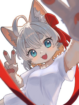 accessory ahoge anthro blush bow_ribbon breasts claws clothed clothed_anthro clothed_female clothing cute_fangs double_v_sign fangs female female_anthro finger_claws fur gesture green_eyes grey_hair hair hair_accessory hand_gesture happy inner_ear_fluff kemono open_mouth open_smile pawpads shirt simple_background smile smiling_at_viewer solo t-shirt teeth tongue topwear tuft v_sign white_background white_body white_fur young young_anthro young_female neko_t_chan domestic_cat felid feline felis mammal 2025 3:4 absurd_res alternate_version_at_source digital_media_(artwork) hi_res