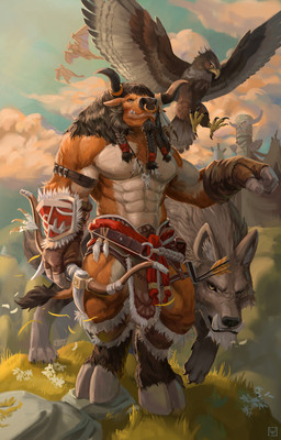 abs anthro biceps bottomwear clothing facial_piercing fur hair hooves horn horn_jewelry horn_ring jewelry loincloth male muscular muscular_anthro muscular_male navel necklace nose_piercing nose_ring piercing ring_(jewelry) ring_piercing sky solo standing neungsonie blizzard_entertainment warcraft avian bird bovid bovine canid canine canis mammal tauren wolf digital_drawing_(artwork) digital_media_(artwork) hi_res