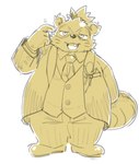 anthro bottomwear clothing kemono male necktie overweight overweight_male pants shirt simple_background solo suit topwear gokrakstyle sengoku_puzzle tokugawa_ieyasu canid canine mammal raccoon_dog tanuki 2023 hi_res