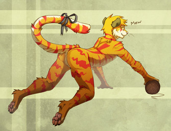 accessory all_fours andromorph anthro anus bow_(feature) bow_accessory bow_ribbon butt casual_nudity fur furgonomics genitals intersex looking_at_viewer looking_back nude playing ribbons simple_background smile solo stripes tail tail_accessory tail_bow tail_ribbon teeth vulva yarn diesel_wiesel felid mammal