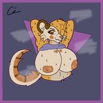 anthro big_breasts bodily_fluids border breasts female fluffy fluffy_tail hair hair_over_eye hands_behind_head looking_at_viewer makeup musk navel nipples one_eye_obstructed piercing purple_border solo sweat tail voidbeerfloat luna_(xthelunarfox) felid feline felis mammal sand_cat 1:1 hi_res