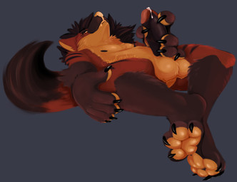 4_toes anthro balls bodily_fluids claws erection eyelashes feet foreskin fur genital_fluids genitals hair long_hair looking_at_viewer male nipples nude overbite pawpads paws penis simple_background smile solo teeth toe_claws toes nudimane jess_mcclover canid canine canis mammal maned_wolf digital_media_(artwork) hi_res