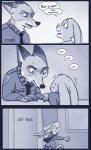 2016 angry anthro barefoot biped bodily_fluids canid canine clothed clothing comic dialogue disney duo english_text fan_character feet female fox hi_res inside july_hopps_(mistermead) lagomorph leporid long_ears male mammal nick_wilde open_mouth pillarbox police police_uniform rabbit red_fox rockbottomfeeder running scared shaking simple_background speech_bubble sweat teeth text torn_clothing true_fox uniform zootopia