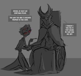anthro clothing cutlery dialogue duo food fork formal_clothing formal_wear grey_background hair kitchen_utensils kneeling male red_eyes short_hair simple_background sitting soup speech_bubble text tools vehicle wheelchair white_text teathekook hellaverse helluva_boss paimon_(helluva_boss) stolas_(helluva_boss) avian bird owl owl_demon english_text hi_res father_(lore) father_and_child_(lore) father_and_son_(lore) parent_(lore) parent_and_child_(lore) parent_and_son_(lore) son_(lore)