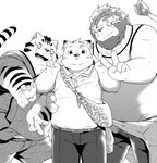 anthro belly bottomwear clothing eyewear glasses group humanoid_hands kemono male overweight overweight_male pants shirt simple_background topwear white_background young hinami canid canine canis domestic_dog felid feline lion mammal pantherine 2015 monochrome