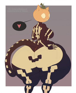 anthro big_breasts big_butt black_bodysuit black_clothing black_skinsuit bodysuit breasts butt clothing female food for_a_head fruit heart_symbol huge_butt huge_thighs hyper hyper_butt hyper_thighs looking_back multicolored_bodysuit multicolored_clothing multicolored_skinsuit plant pumpkin pumpkin_head rear_view skinsuit solo tail thick_thighs tight_clothing ernestaugust epic_games fortnite spice_(fortnite) domestic_cat felid feline felis mammal object_head 2025 hi_res