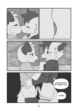 anthro blush blush_lines bodily_fluids bottomwear bottomwear_down clothed clothing duo eye_contact eyes_closed floppy_ears frottage hair kissing long_sleeve_shirt long_sleeves looking_at_another making_out male male/male pants pants_down partially_clothed penile penises_touching pillow saliva saliva_string sex shirt t-shirt tongue tongue_out topwear touching_tips whispering young young_anthro young_male young_on_young minishadefox elliot_vance nico_florence canid canine canis domestic_dog mammal absurd_res black_and_white hi_res monochrome cousins_(lore) incest_(lore)