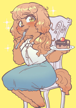 3_toes anthro barefoot blue_bottomwear blue_clothing blue_skirt blush bottomwear bow_ribbon brown_body brown_fur cake chair clothing cutlery dessert eyelashes feet female food fork fur furniture holding_object kemono kitchen_utensils paws plate shirt simple_background sitting skirt solo sparkles tail toes tools topwear white_clothing white_shirt white_topwear yellow_background yellow_eyes sanjiro canid canine canis domestic_dog mammal